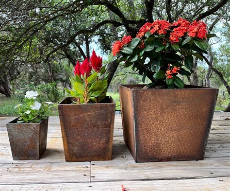 Patina Metal Planter Pots, Tapered, with Drain 